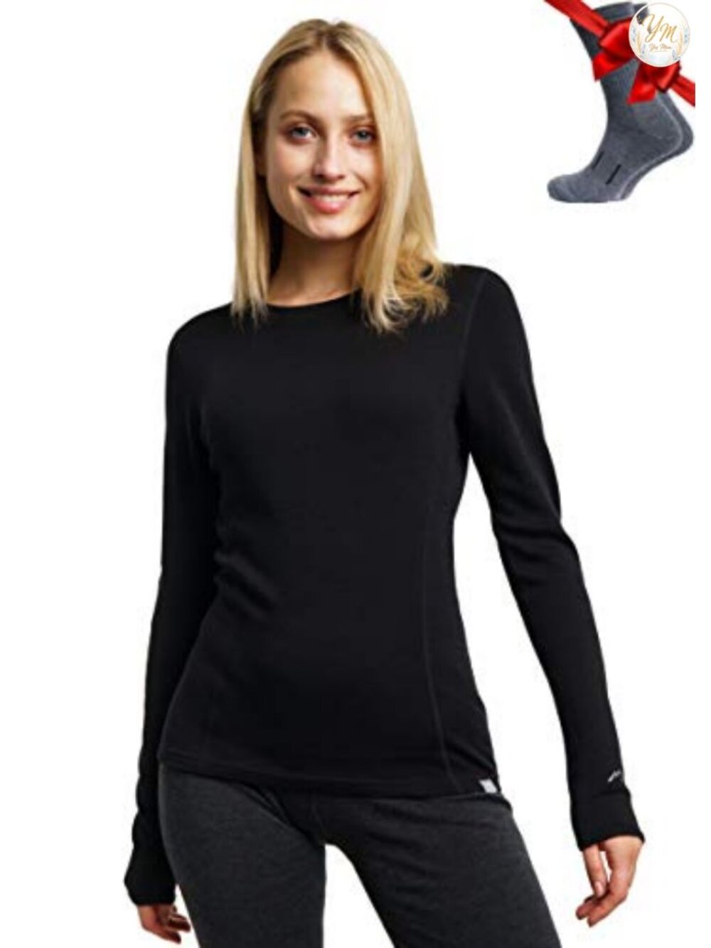 Merino Wool Base Layer Women Long Sleeve Thermal Shirt with Socks